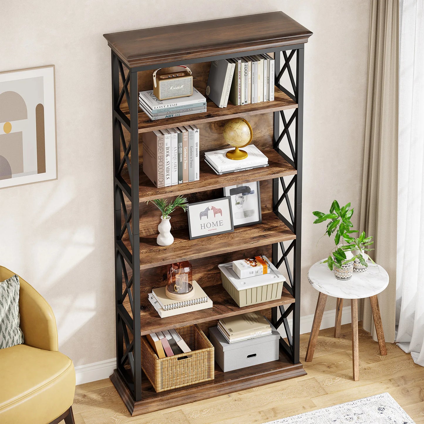 Tribesigns 5 Tier Industrial Wood Bookcase 71 Inch Modern Bookshelf