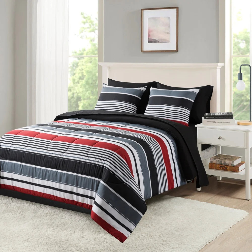 7 Piece Reversible Queen Bedding Set Comforter Sheets Pillowcases Shams Soft Polyester Machine Washable