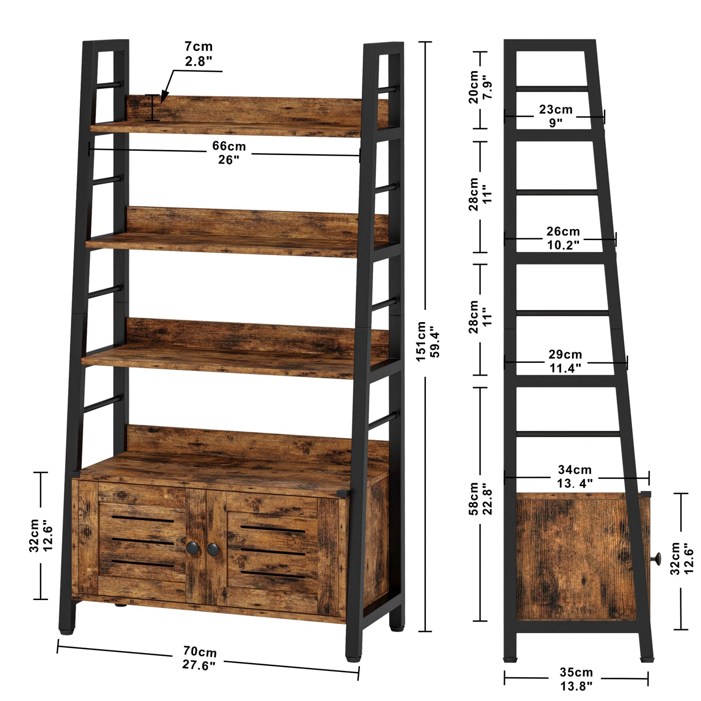 Bookshelf with Louvered Doors, 3-Tier Ladder Shelf
