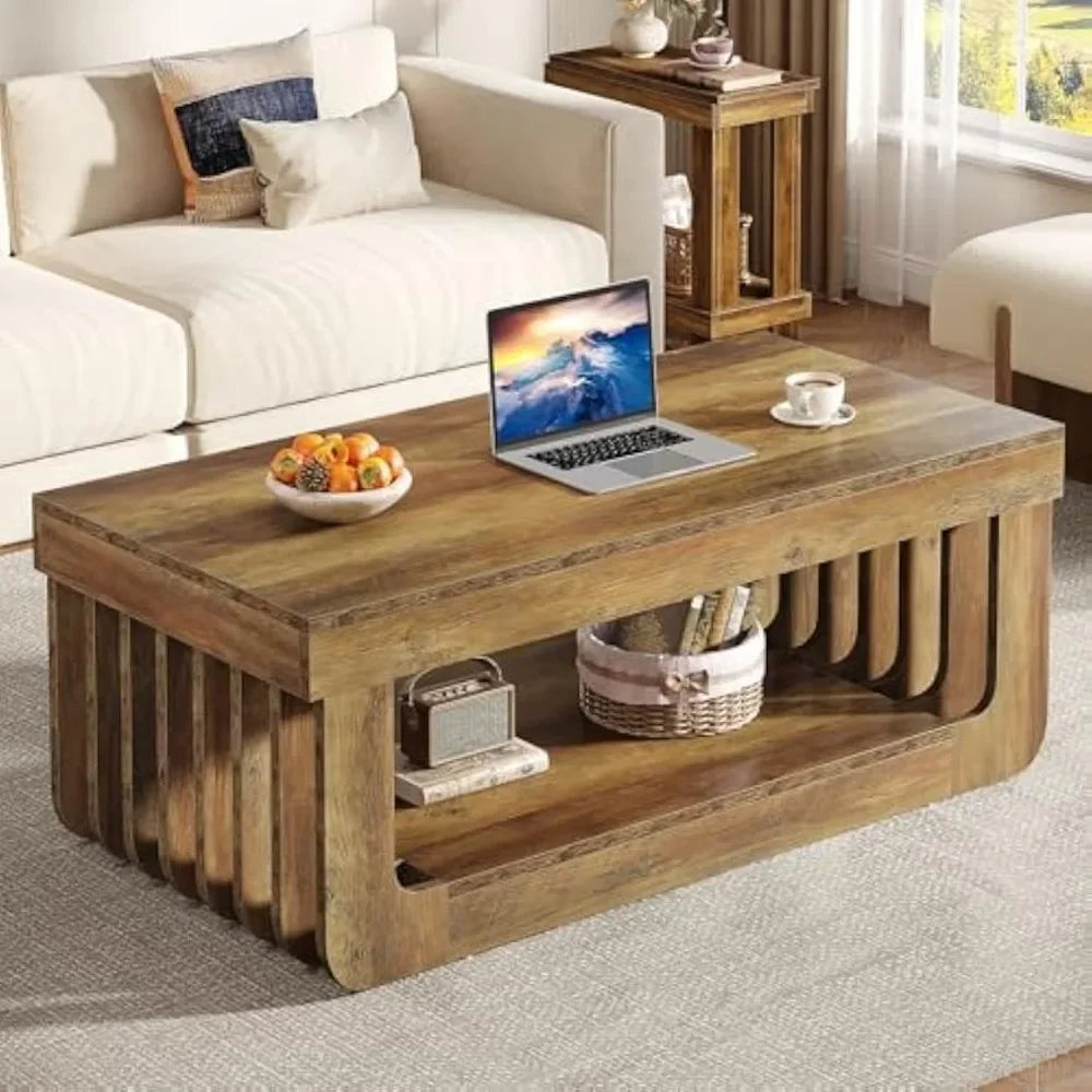 Farmhouse Coffee Table With Storage 47 Inch Rectangle Living Room Table Rustic Brown