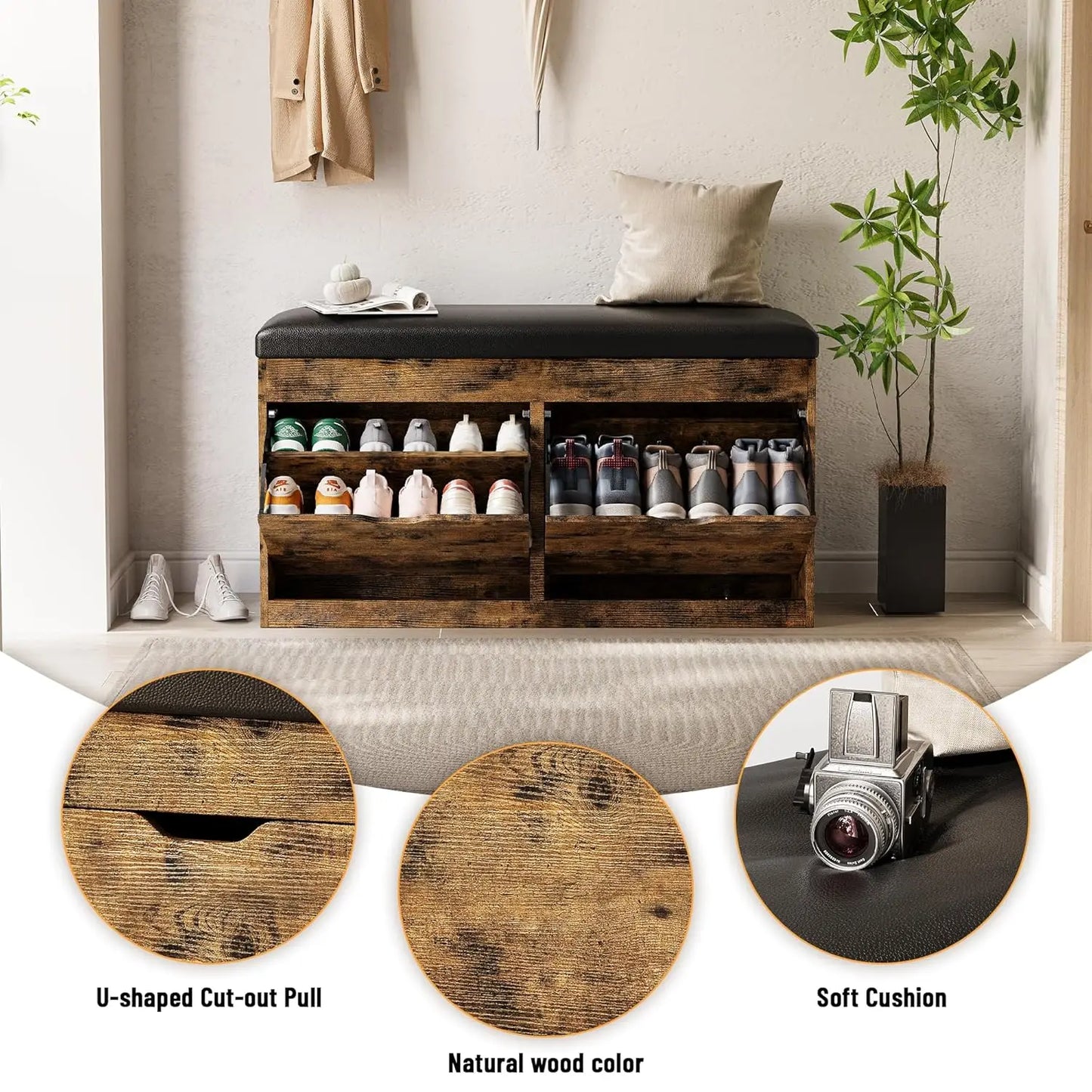 40 Inch Shoe Storage Bench With Two Flip Drawers And Padded Seat