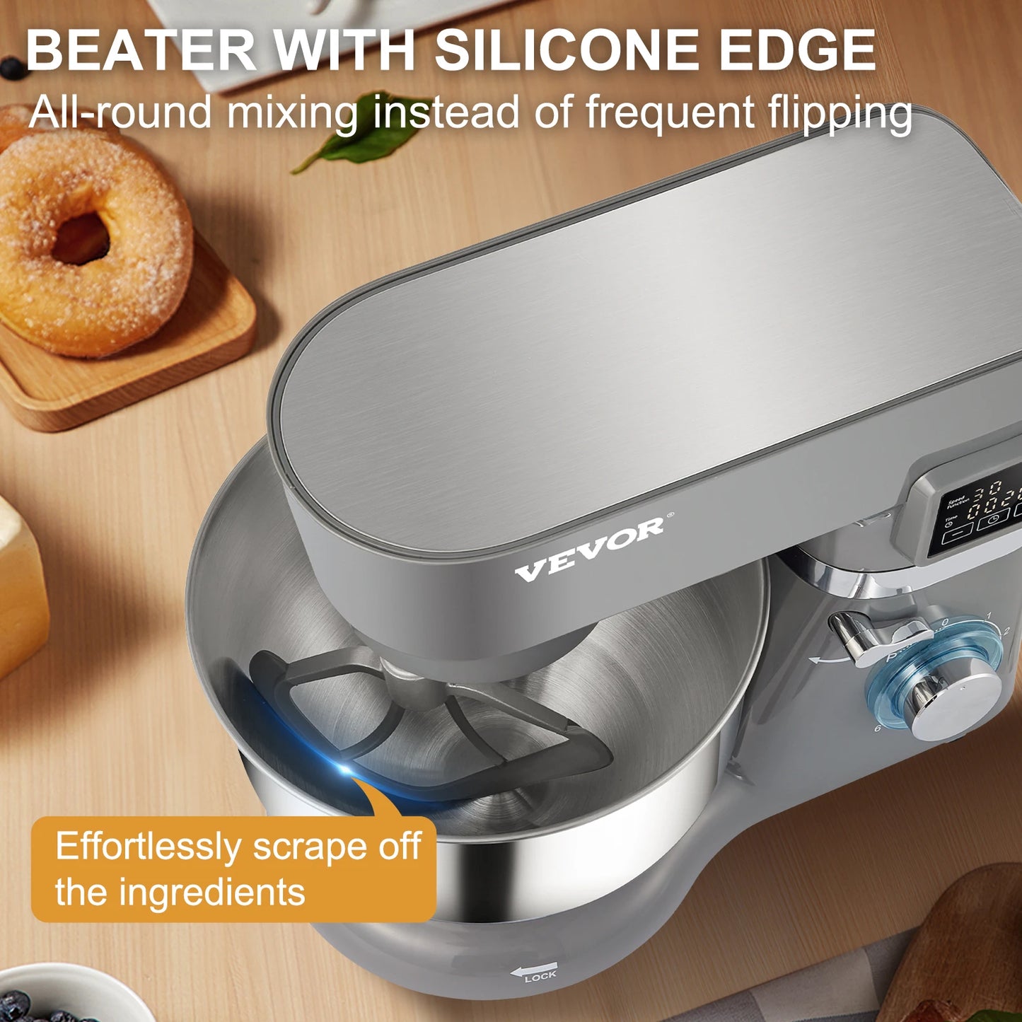 Electric Dough Mixer with 6 Speeds LCD Screen Timing 5.8 Qt Stainless Steel Bowl Dough Hook Flat Beater