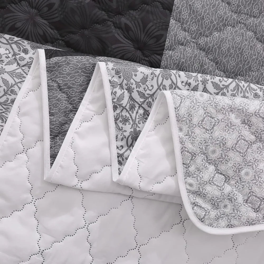 California King Bedding Set: Oversized 128x120 Patchwork Plaid Grey and Black Coverlet with 2 Pillow Shams