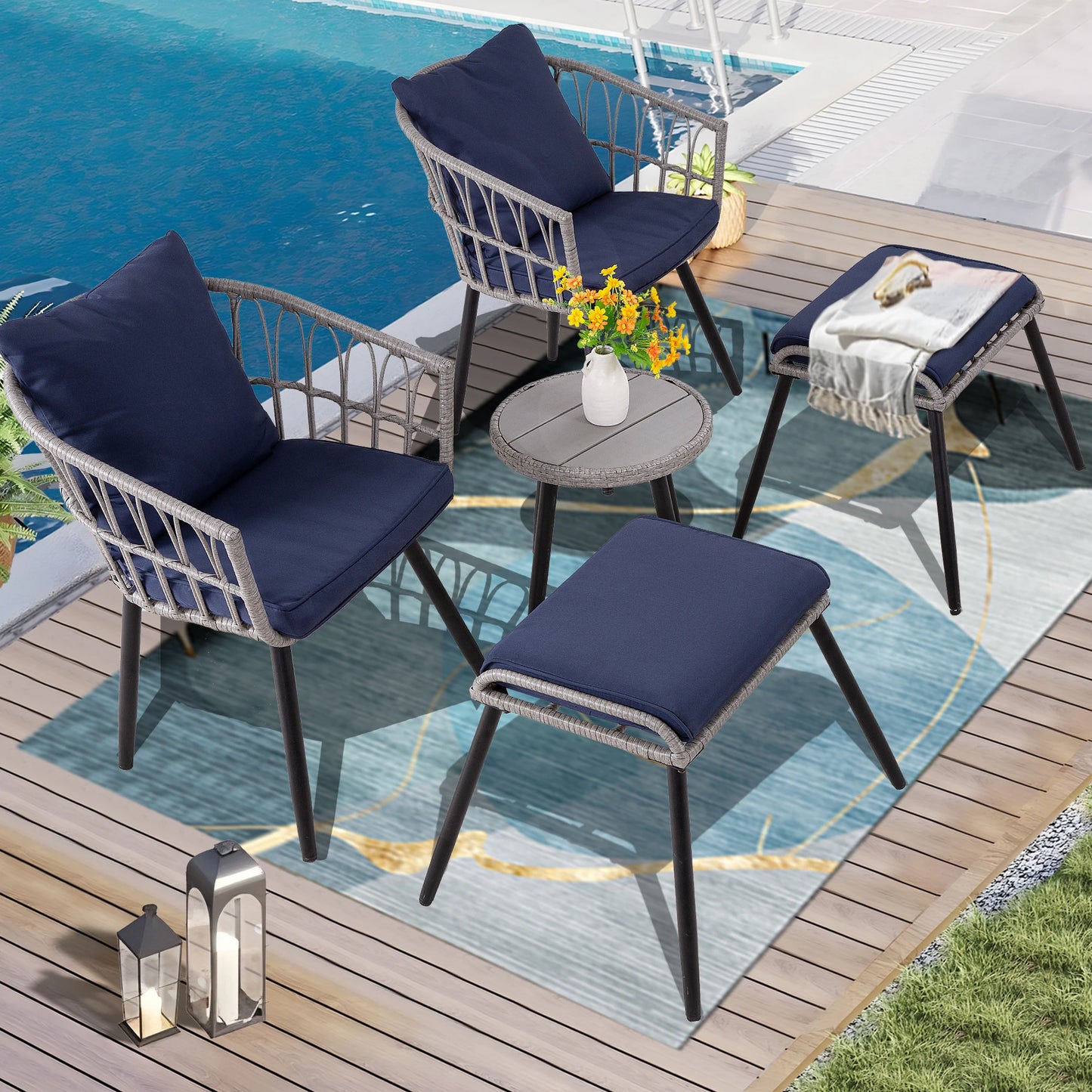 5 Piece Patio Bistro Outdoor Wicker Set With Ottoman Table
