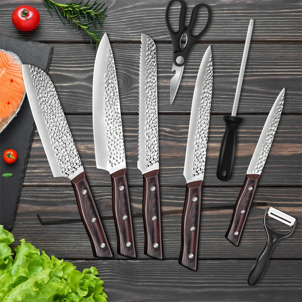 8 Piece Chef Kitchen Knives Set Hammer Pattern Sharp Cutting Blades