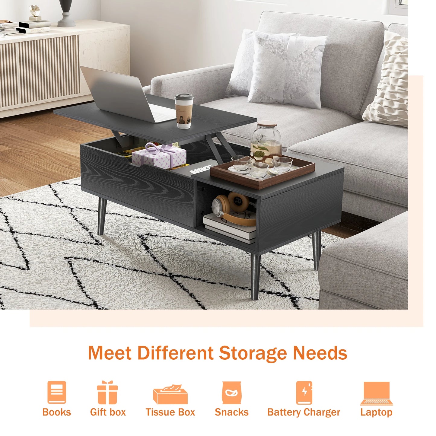 Lift Top Coffee Table For Living Room 39.37 Inch by 19.7 Inch Modern Tea Wood Adjustable Storage Shelf