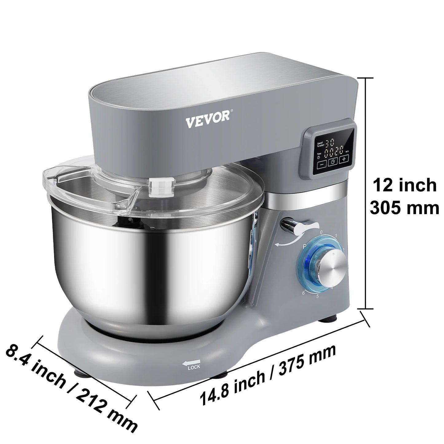 Electric Dough Mixer with 6 Speeds LCD Screen Timing 5.8 Qt Stainless Steel Bowl Dough Hook Flat Beater