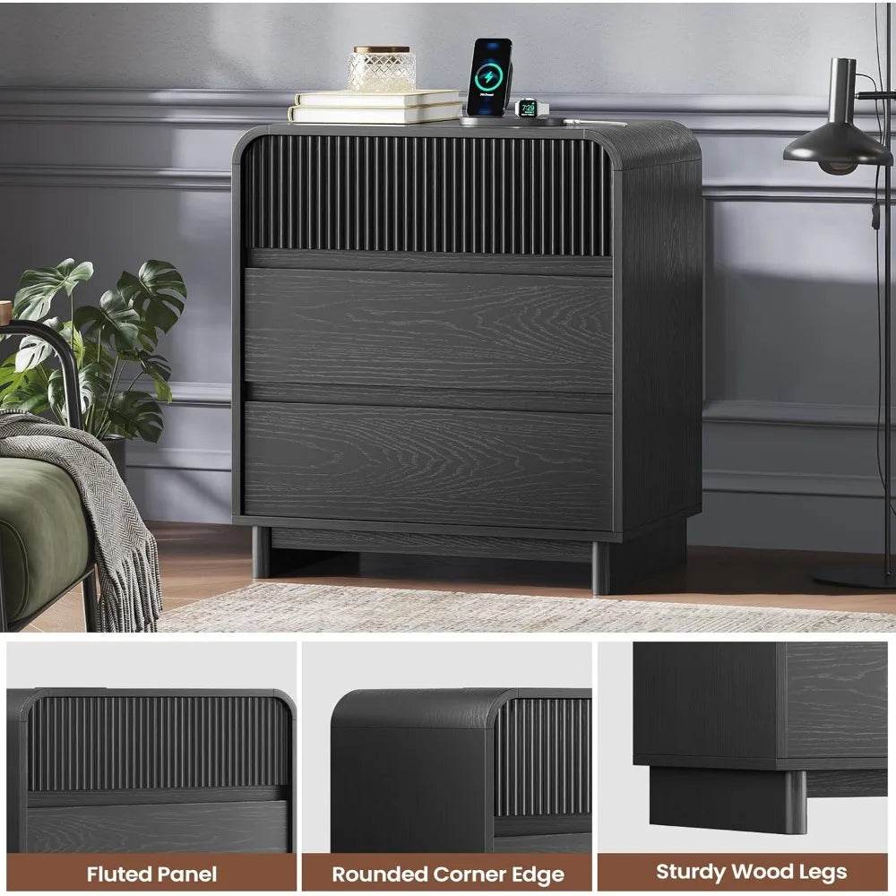 Fluted Nightstand With Charging Station Black 3 Drawer
