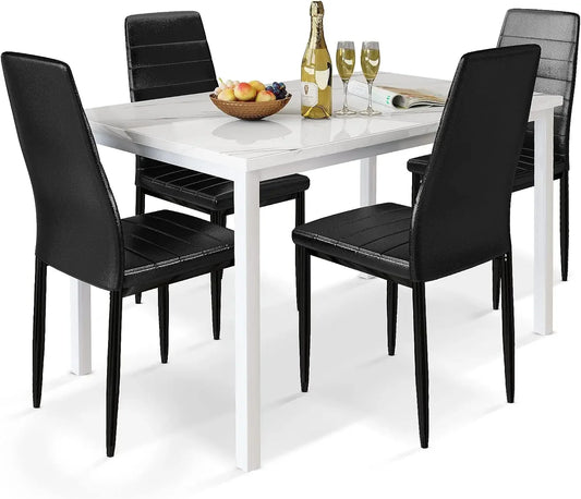 5 Piece Dining Table Set for 4 with Faux Marble Top and Leather Upholstered Chairs