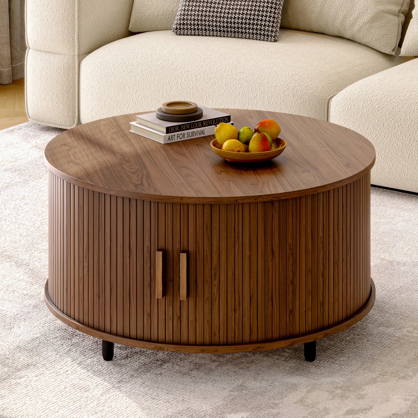 Round Coffee Table With Storage 31.5 Inches Modern Curved Sliding Door