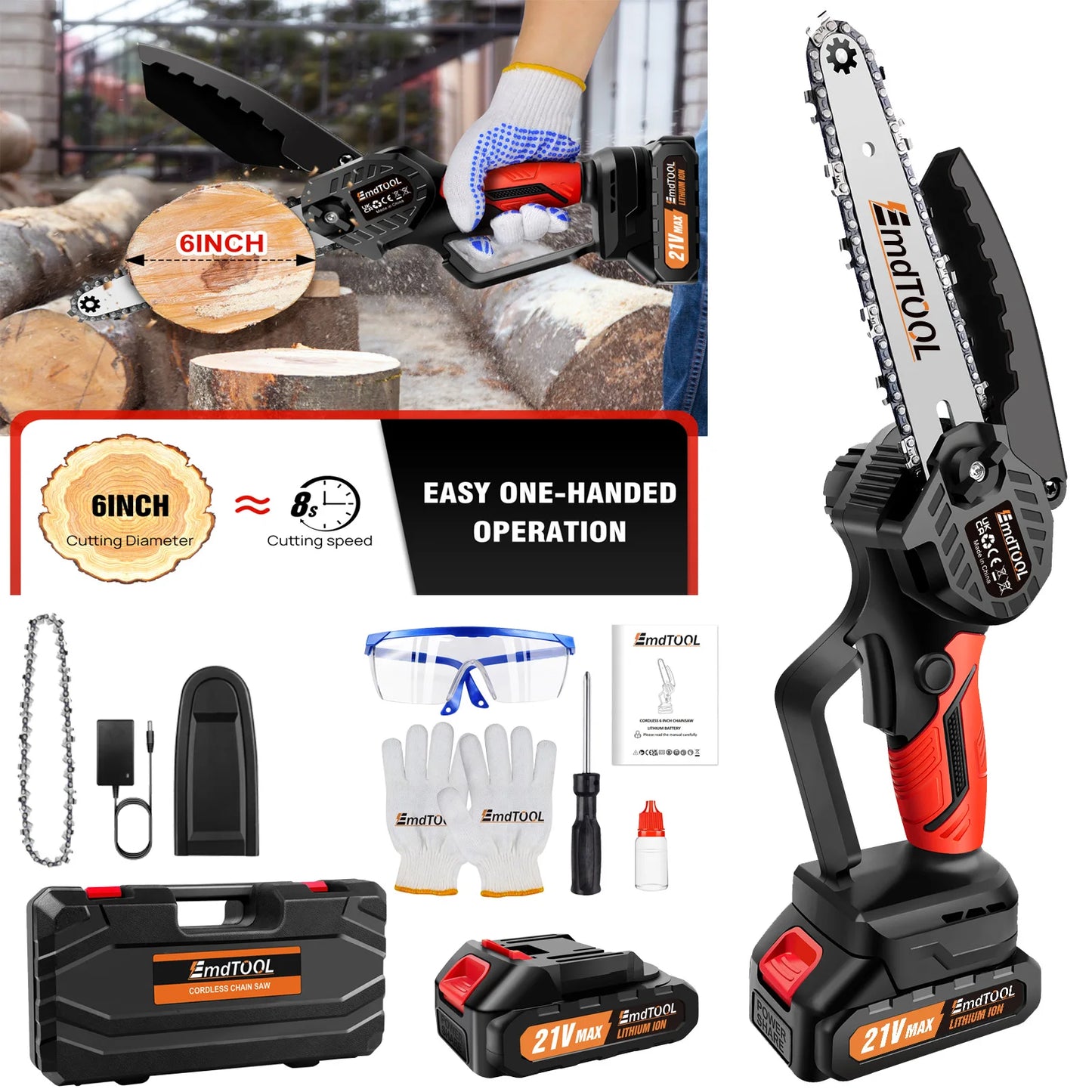 Mini Chainsaw 6 Inch Cordless 21V Battery Powered Pruning Saw With 2 Chains