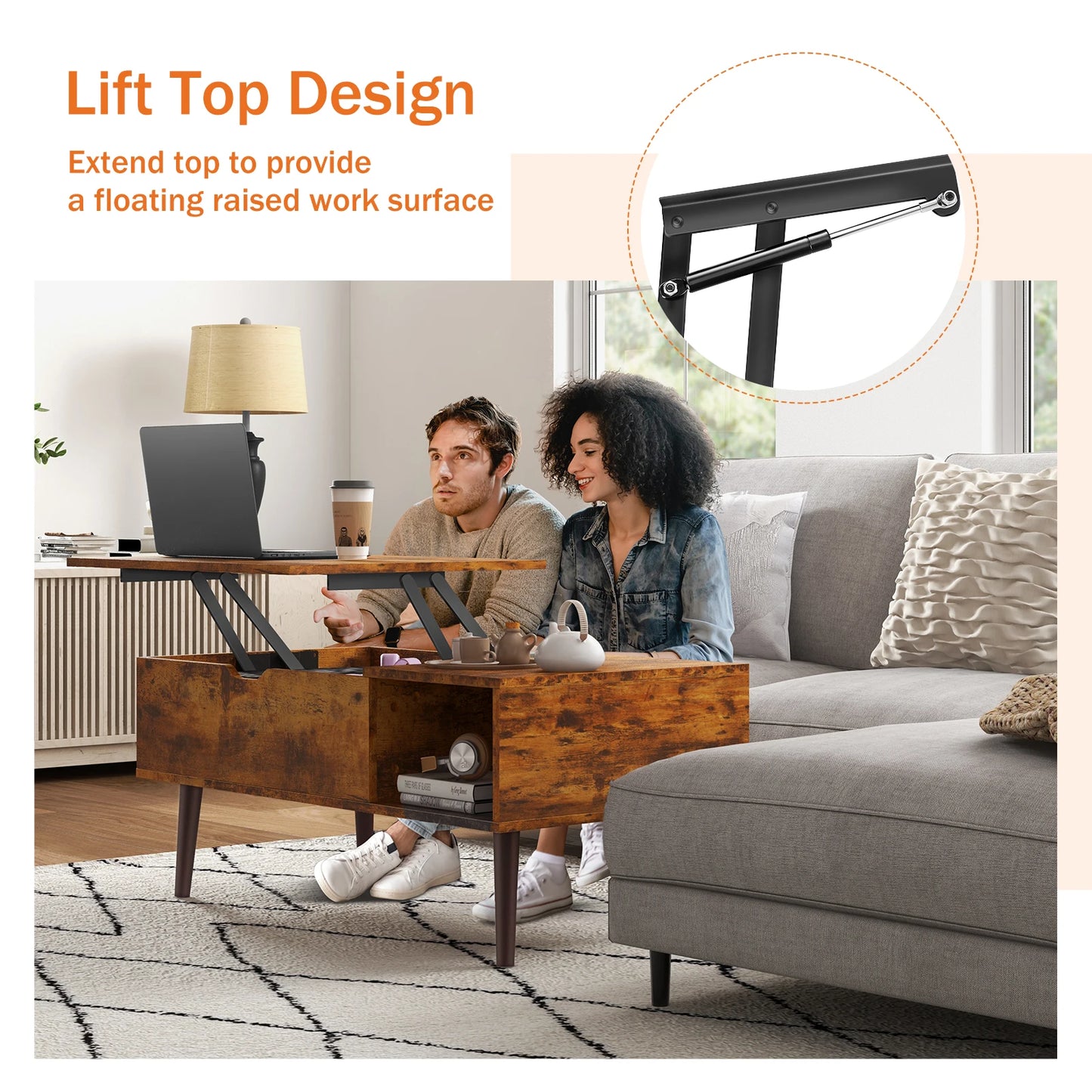 Lift Top Coffee Table For Living Room 39.37 Inch by 19.7 Inch Modern Tea Wood Adjustable Storage Shelf