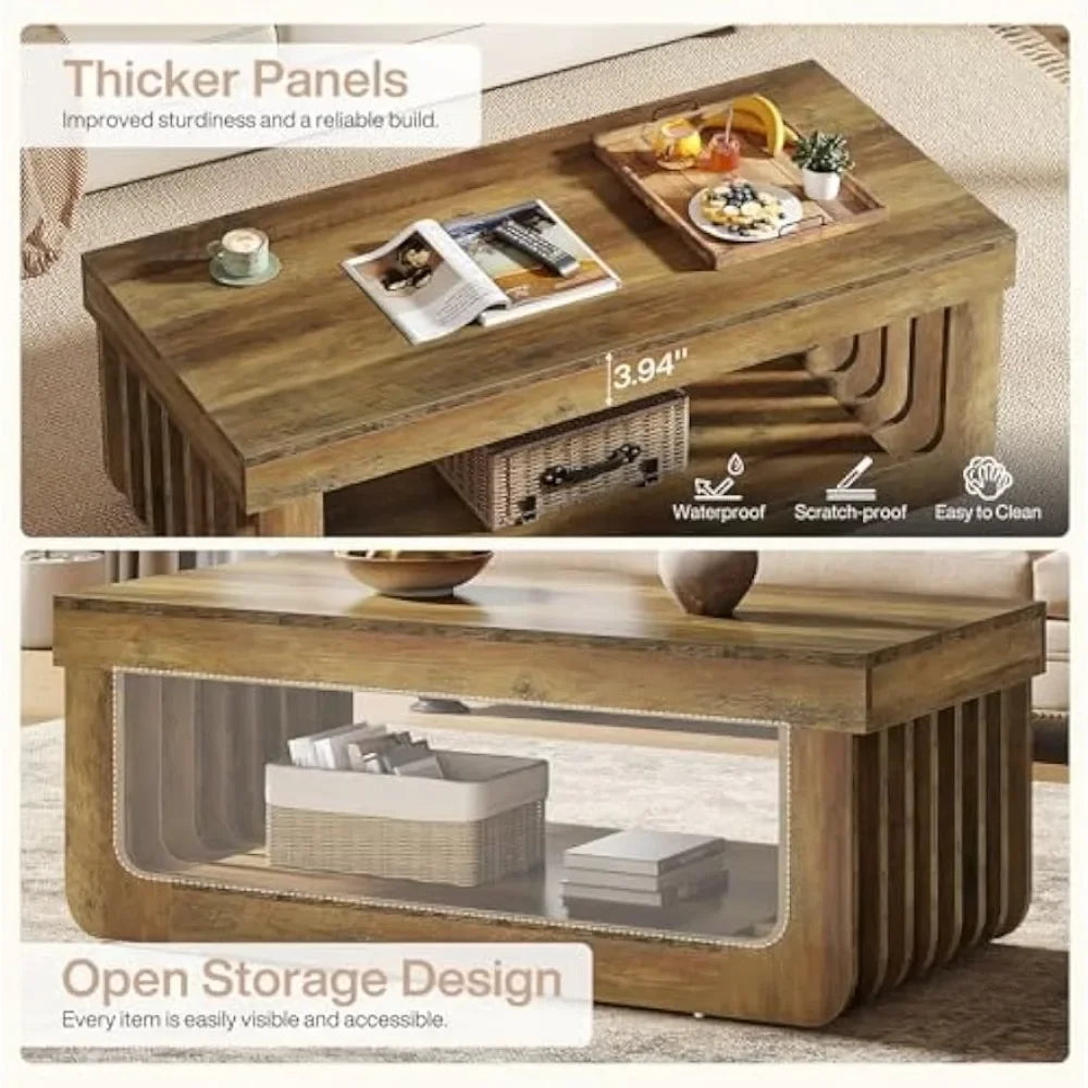Farmhouse Coffee Table With Storage 47 Inch Rectangle Living Room Table Rustic Brown