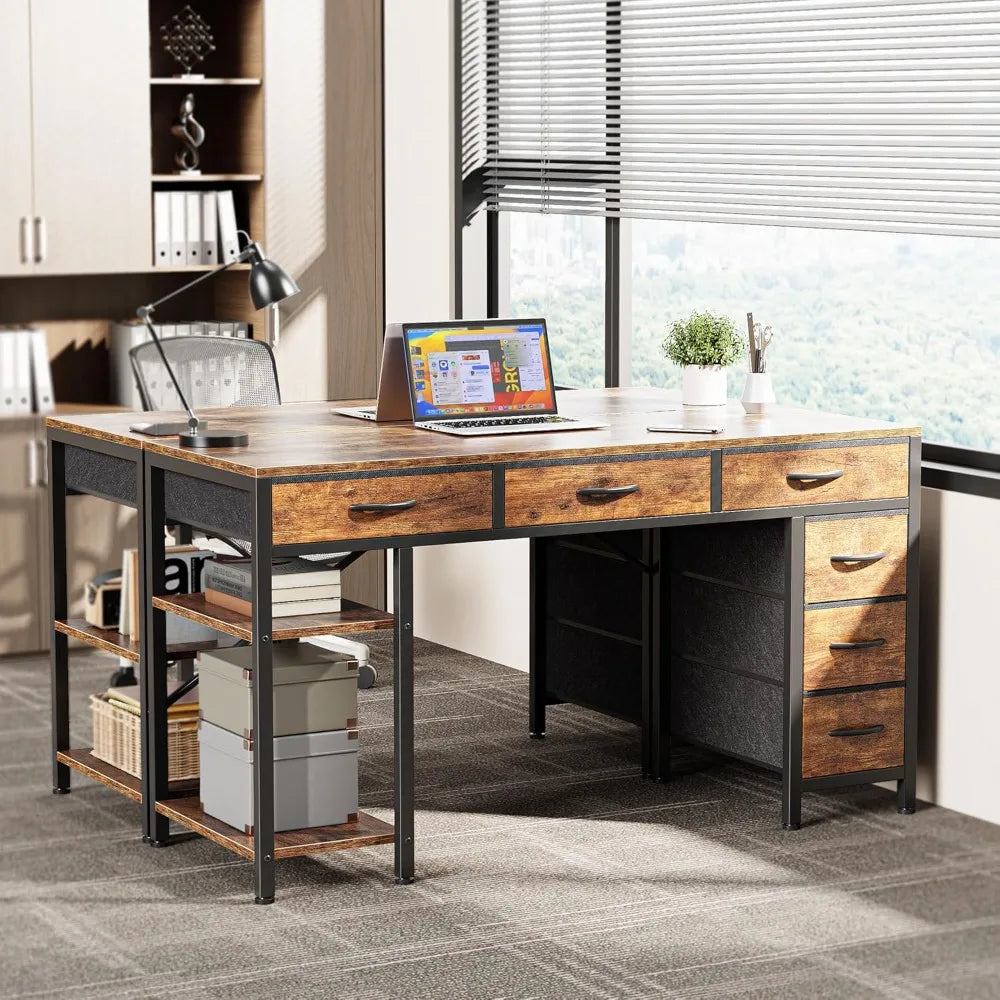 Rustic Brown Six Drawer Gaming Desk With Storage Shelves