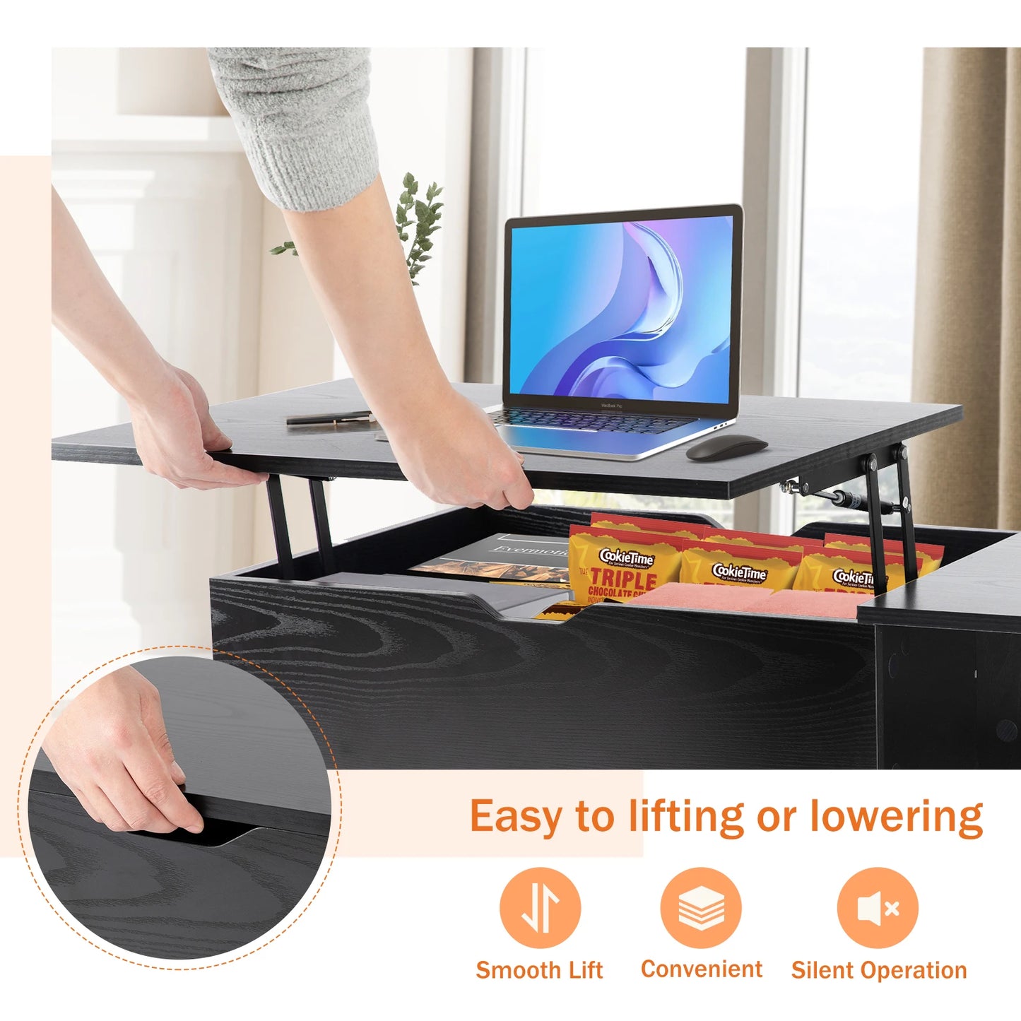 Lift Top Coffee Table For Living Room 39.37 Inch by 19.7 Inch Modern Tea Wood Adjustable Storage Shelf