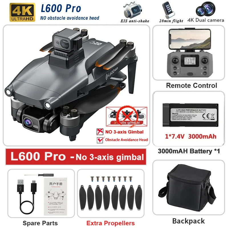 L600 PRO MAX Drone 4K Professional 3-Axis Gimbal HD Dual Camera 360° Obstacle Avoidance Brushless