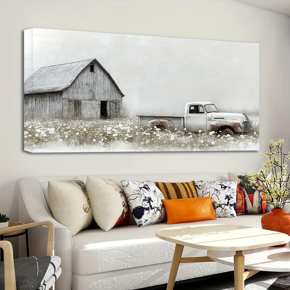 Rustic Farmhouse Canvas Wall Art with 1.5 Inch Thick Pine Solid Wood Frame Vintage Blue Pickup Truck and White Barn Scene