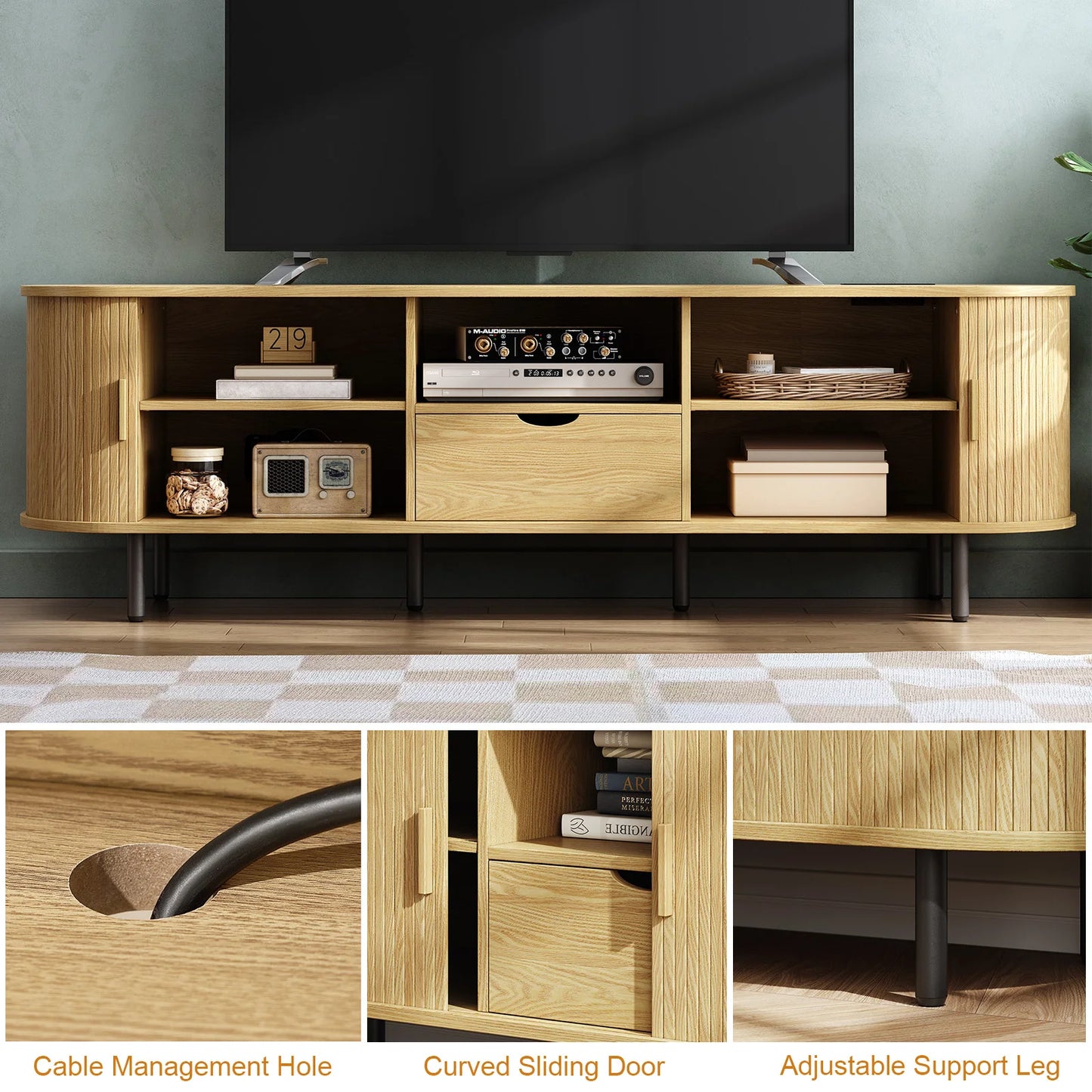 69 Inch TV Stand With Power Outlet Storage Drawer And Adjustable Shelves