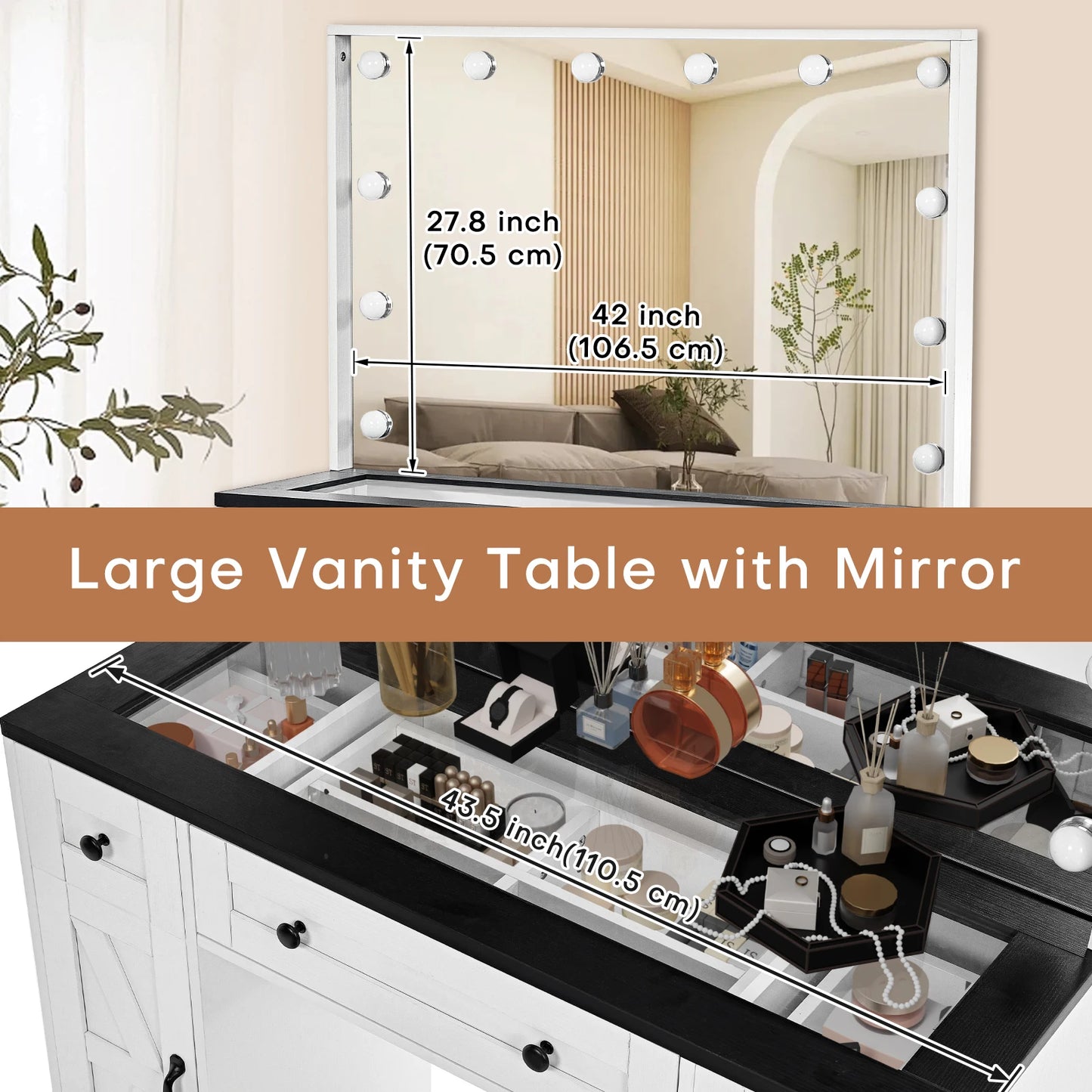 Farmhouse Vanity Desk w/ Lighted Mirror, 3 Drawers & Cabinets