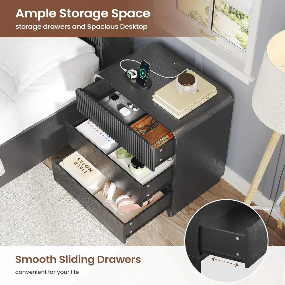 Fluted Nightstand With Charging Station Black 3 Drawer