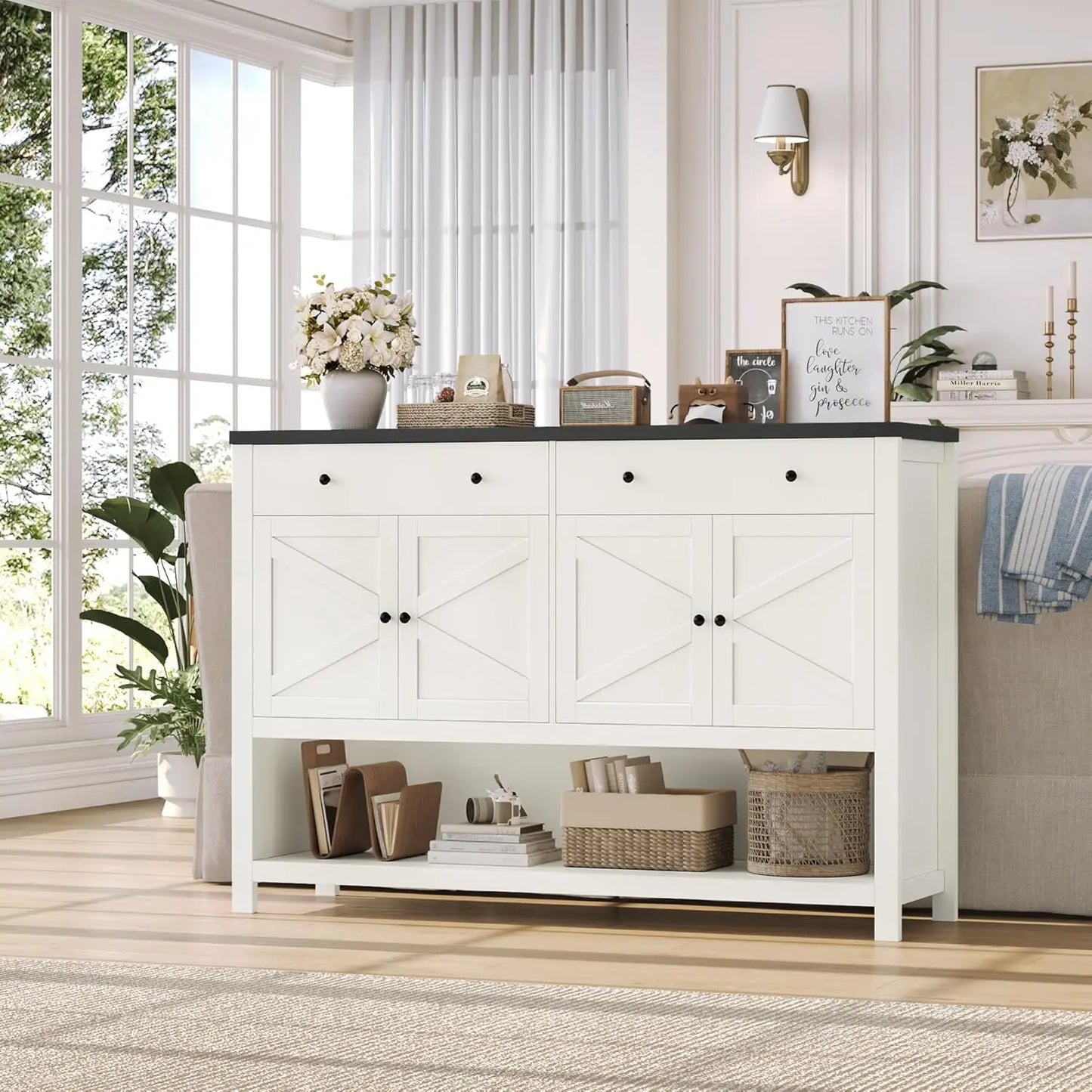 55 Inch Buffet Sideboard Cabinet with Storage Coffee Bar Featuring 2 Drawers and Doors Storage Cabinet with Shelf for Kitchen and Living Room