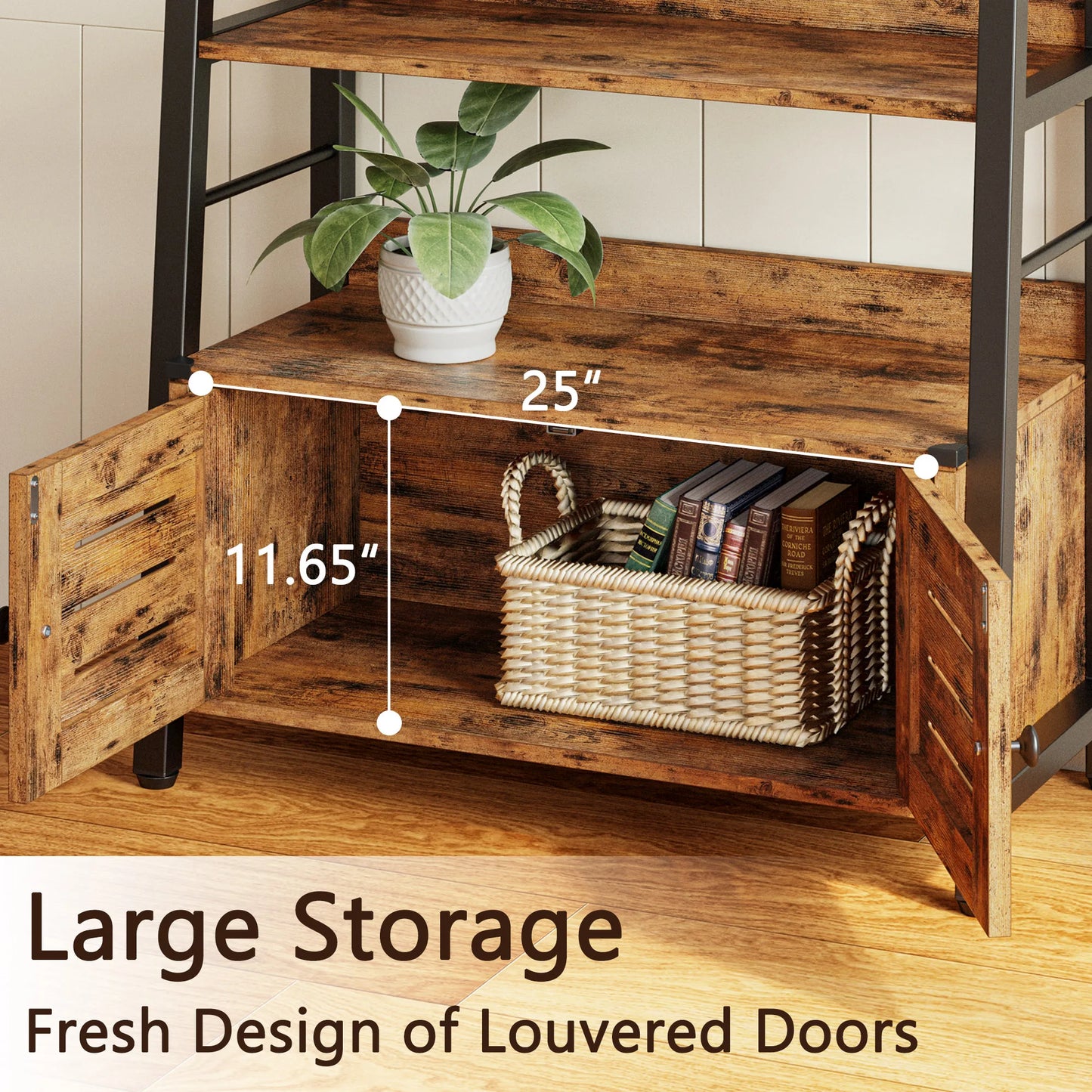 Bookshelf with Louvered Doors, 3-Tier Ladder Shelf