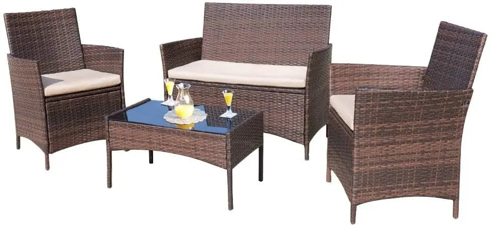 4 Pieces Outdoor Patio Furniture Sets Rattan Chair Wicker Set For Backyard