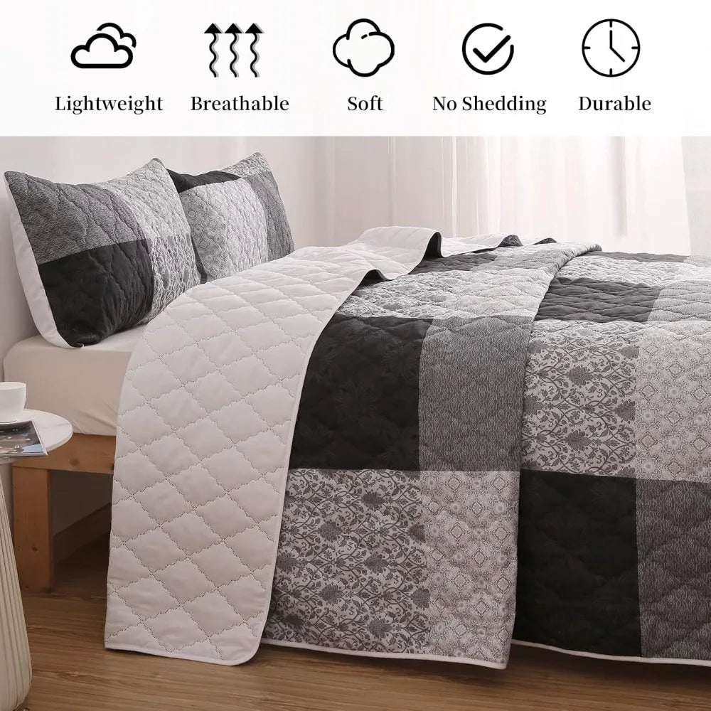 California King Bedding Set: Oversized 128x120 Patchwork Plaid Grey and Black Coverlet with 2 Pillow Shams
