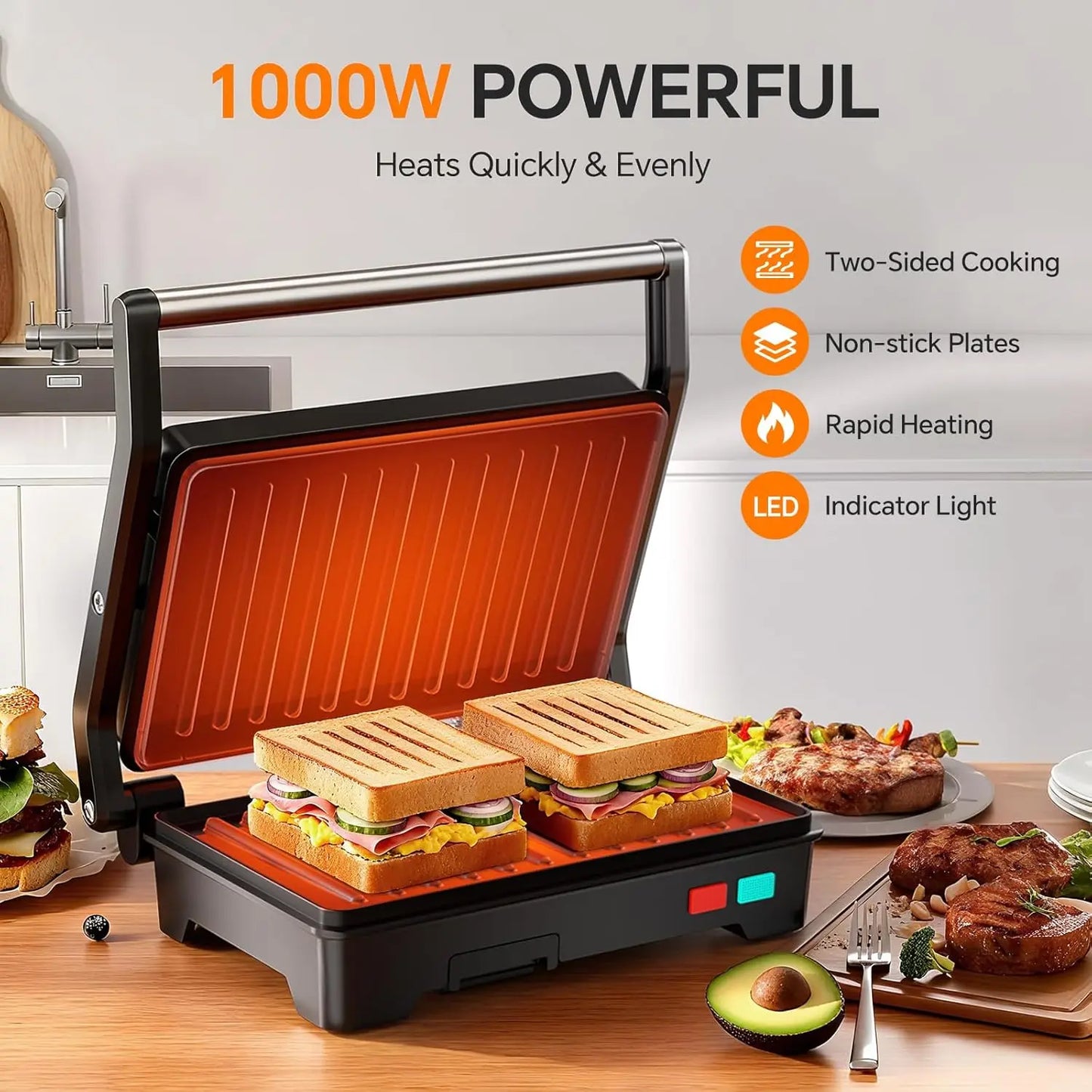 Panini Grill 1000W Sandwich Maker With Nonstick Plates Opens 180 Degrees
