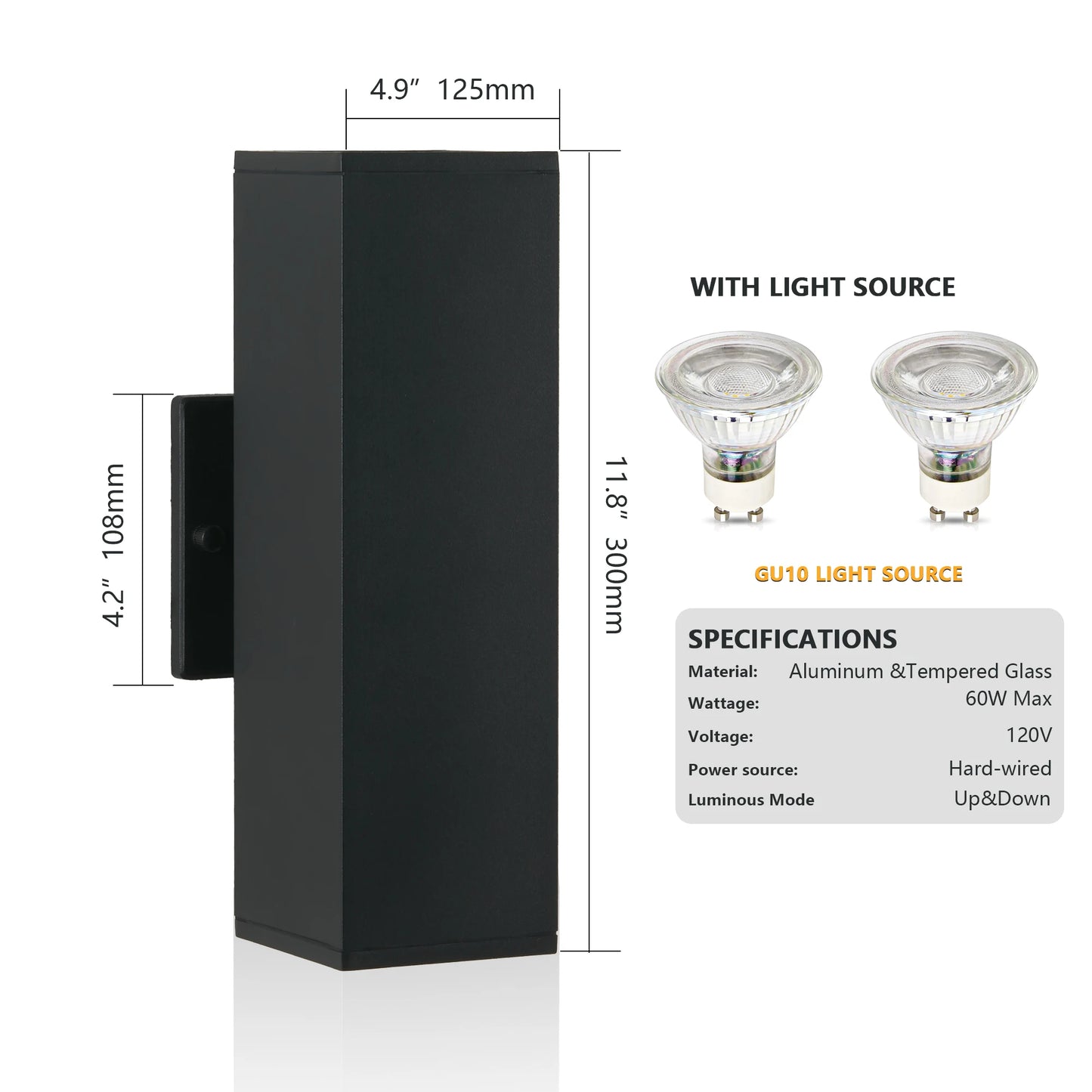 2-Pack Outdoor IP65 Waterproof Wall Sconce Black Aluminum
