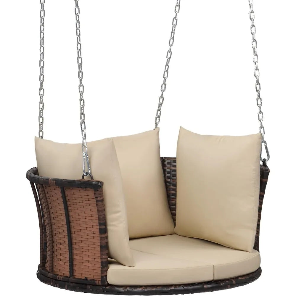One Person Round Rattan Porch Swing With Cushions And Adjustable Chains 440 Lbs