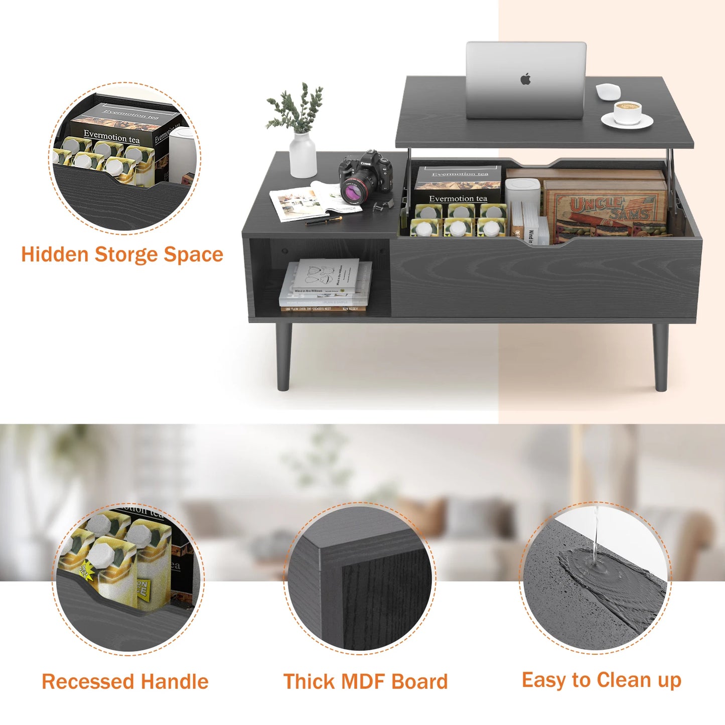 Lift Top Coffee Table For Living Room 39.37 Inch by 19.7 Inch Modern Tea Wood Adjustable Storage Shelf