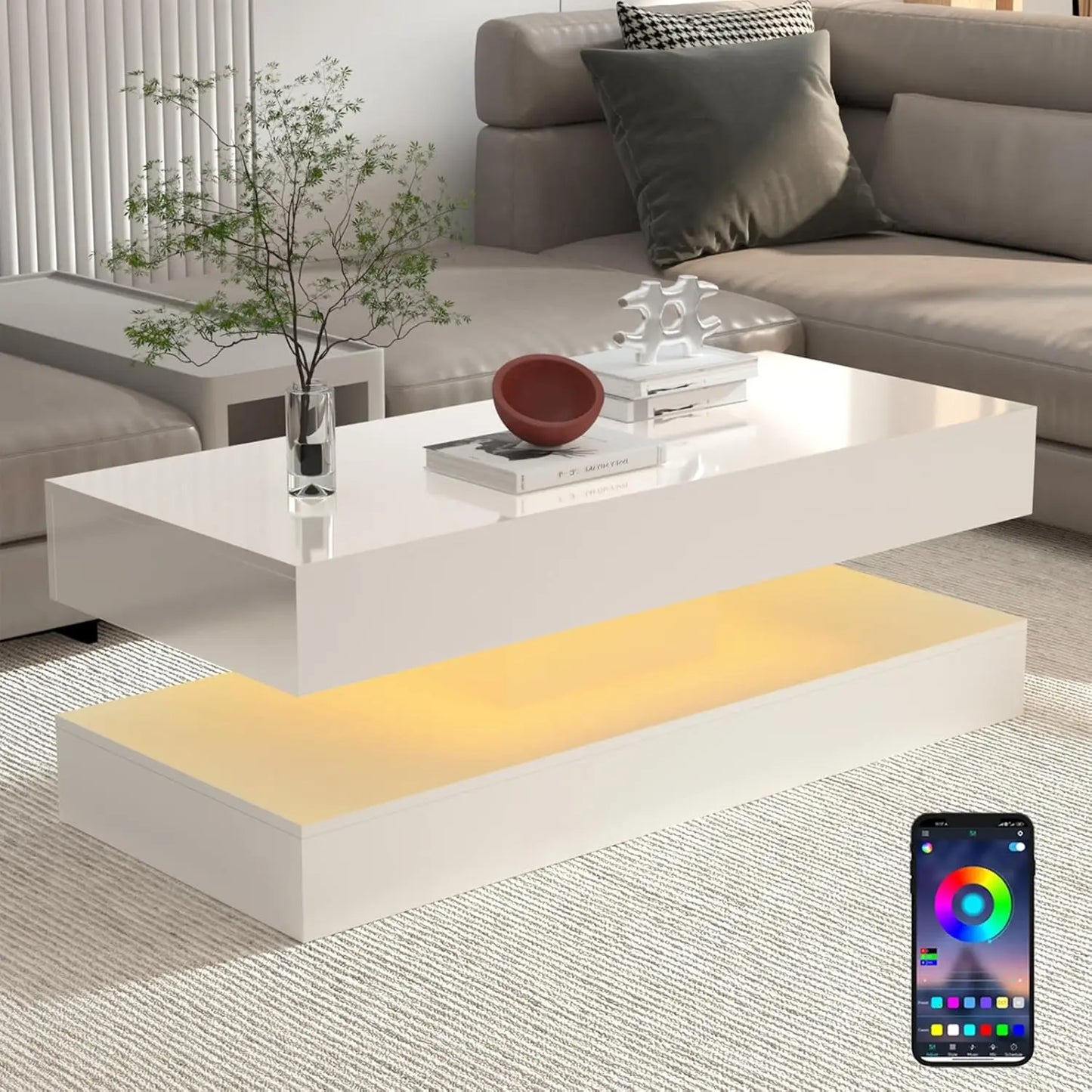Modern Stylish Coffee Table with LED Lights Double Layer Design for Living Room with Storage Drawers