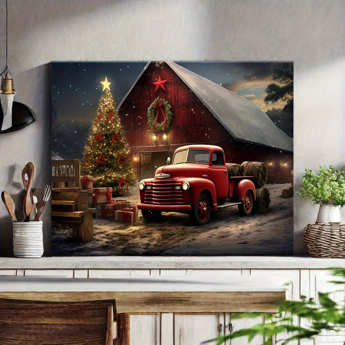 1PC Vintage Red Truck Christmas Canvas Print Waterproof Horizontal Rectangle Artwork