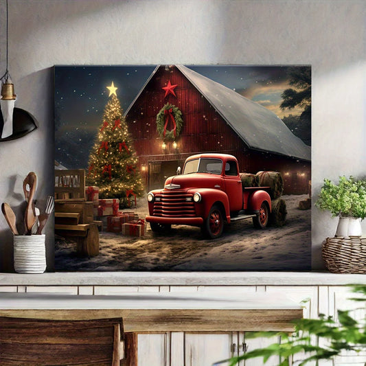 1PC Vintage Red Truck Christmas Canvas Print Waterproof Horizontal Rectangle Artwork