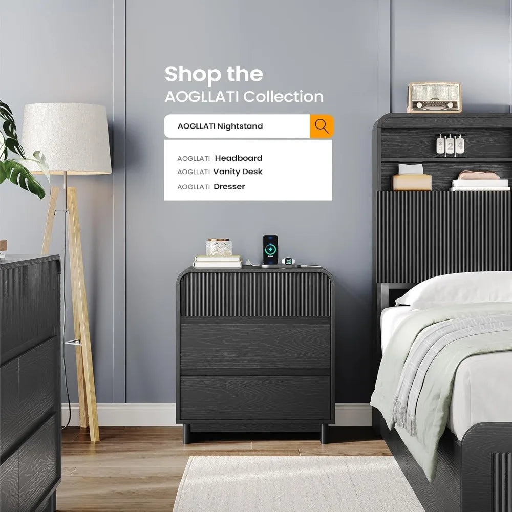 Fluted Nightstand With Charging Station Black 3 Drawer