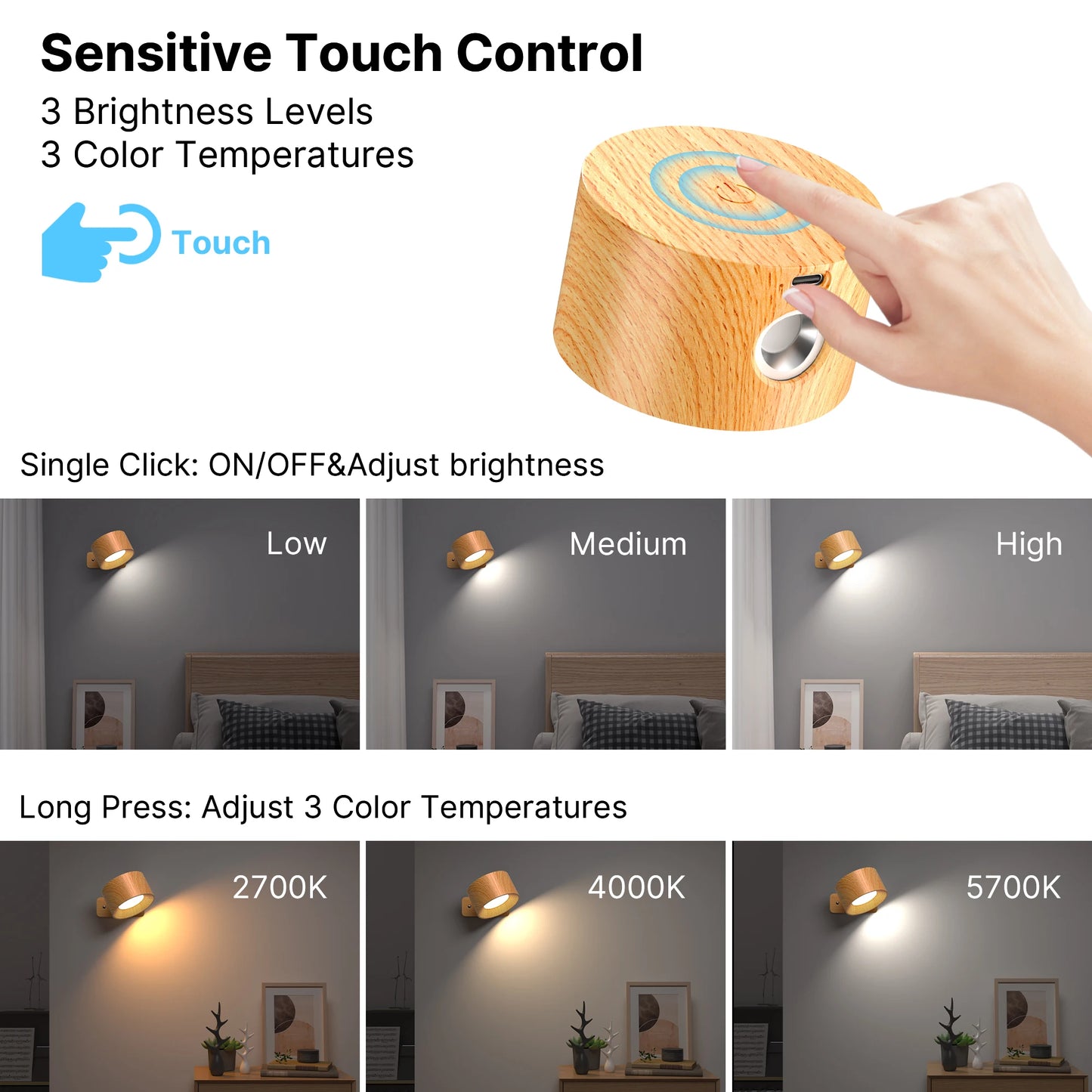Wooden LED Wall Sconce Dimmable Magnetic Touch Rechargeable