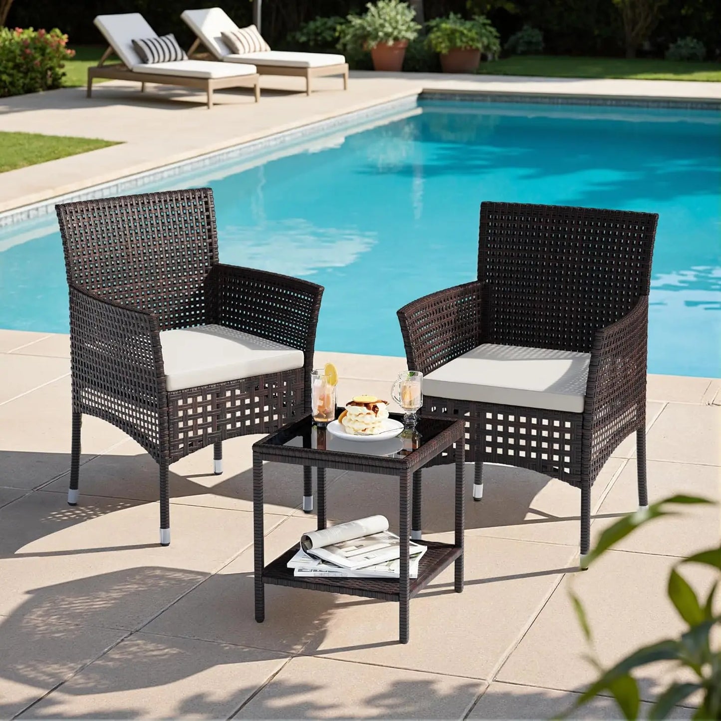 Outdoor 3 Piece Wicker Patio Set With Glass Top Coffee Table