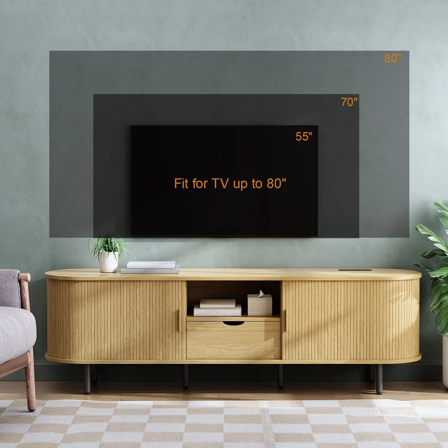 69 Inch TV Stand With Power Outlet Storage Drawer And Adjustable Shelves