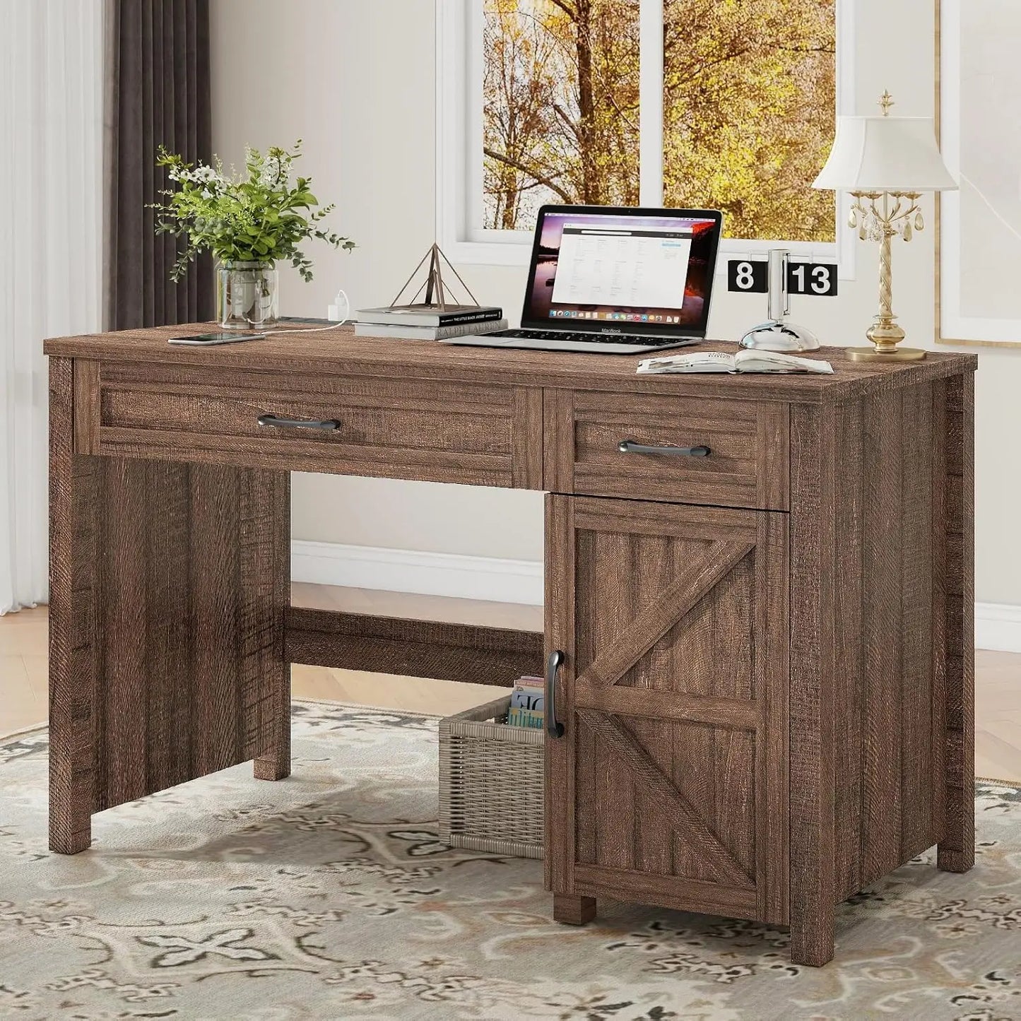 Elegant 47 Inch Farmhouse Style Executive Desk With Storage