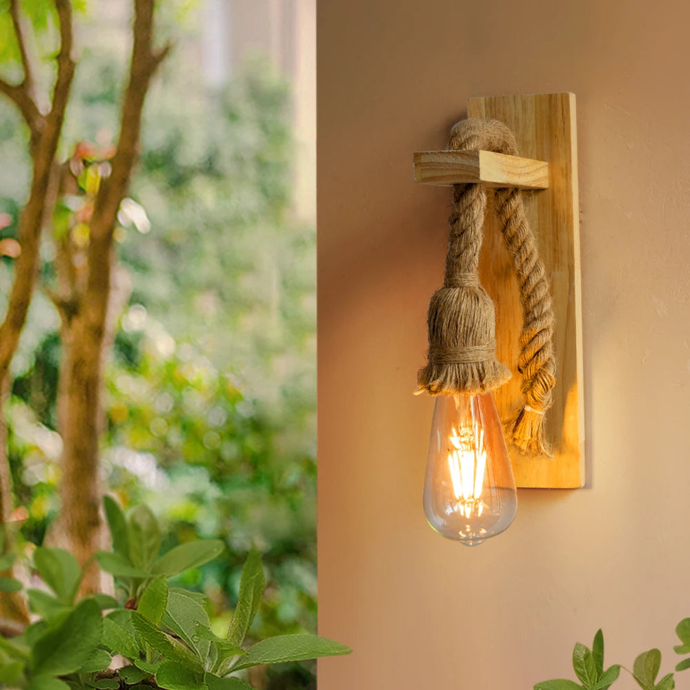 Hemp Rope Beige Wood Wall Sconce 110V 220V Indoor Lighting