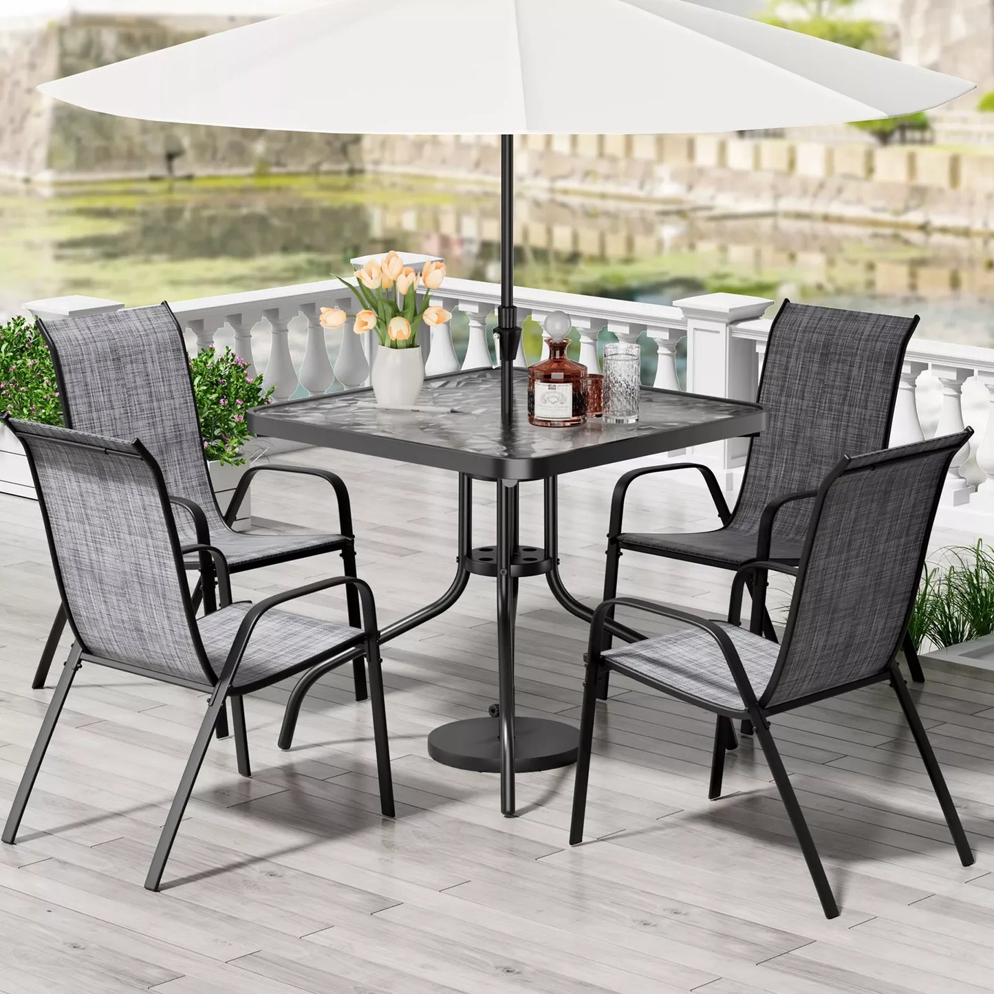 Patio Dining Set 5 Pieces With 30x30 Table And 4 Stackable Textilene Chairs