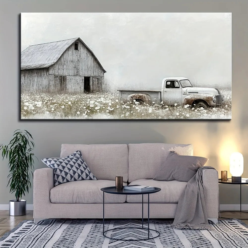 Rustic Farmhouse Canvas Wall Art with 1.5 Inch Thick Pine Solid Wood Frame Vintage Blue Pickup Truck and White Barn Scene