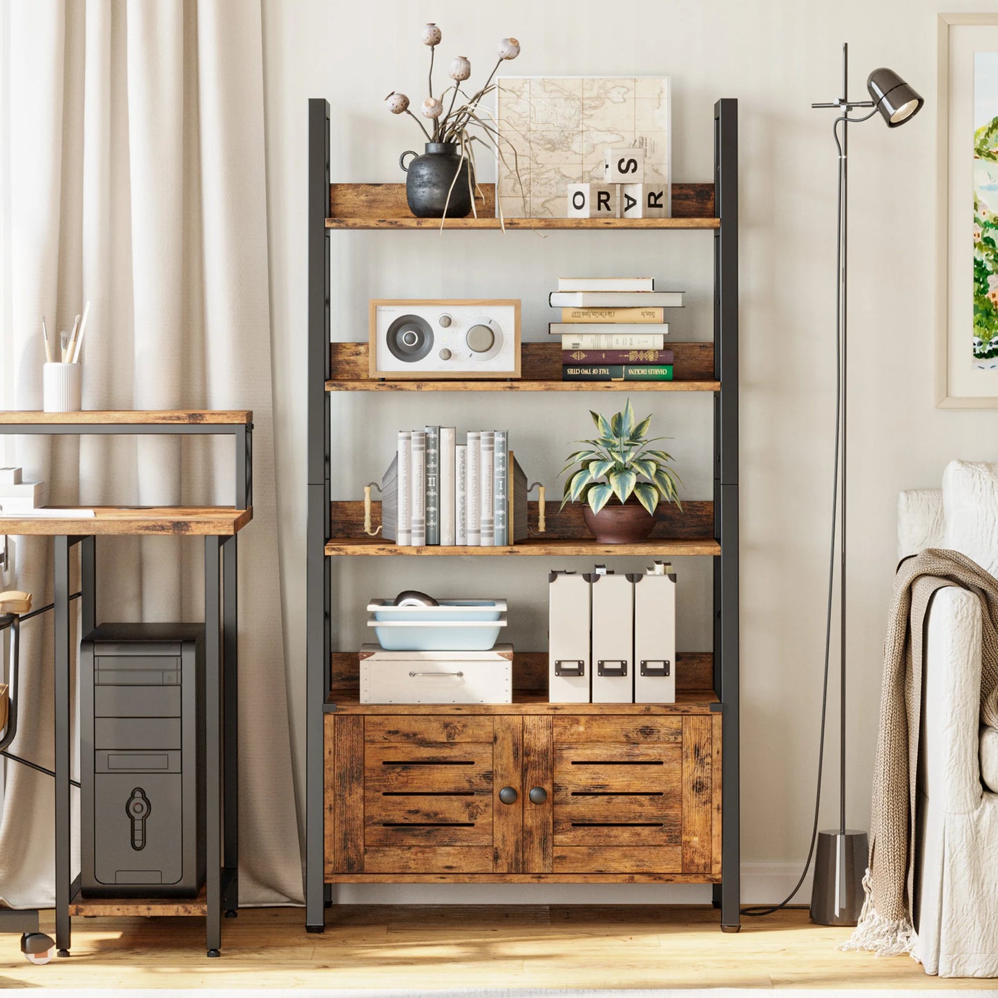 Bookshelf with Louvered Doors, 3-Tier Ladder Shelf