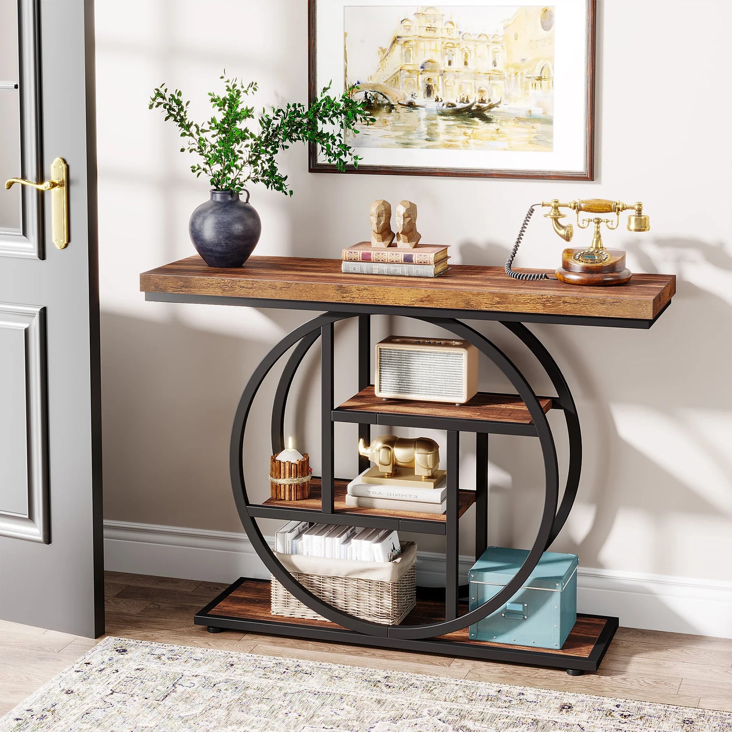41.3 Inch Industrial Console Table With 4 Tier Shelves For Living Room