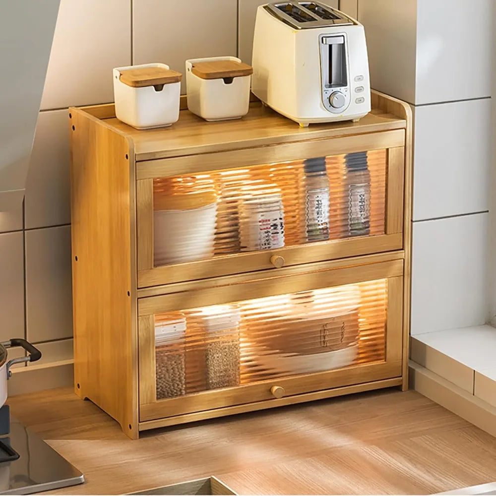 2 Tier Bamboo Storage Cabinet Countertop Organizer with Clear Acrylic Sliding Doors for Kitchen Condiments and Pantry Essentials