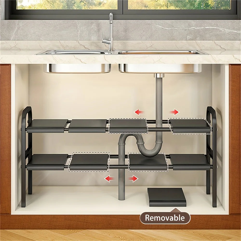 1 Set Multi Use Kitchen Under Bathroom Sink Organizers Expandable Cabinet Shelf Organizer Storage Rack With Removable Baskets