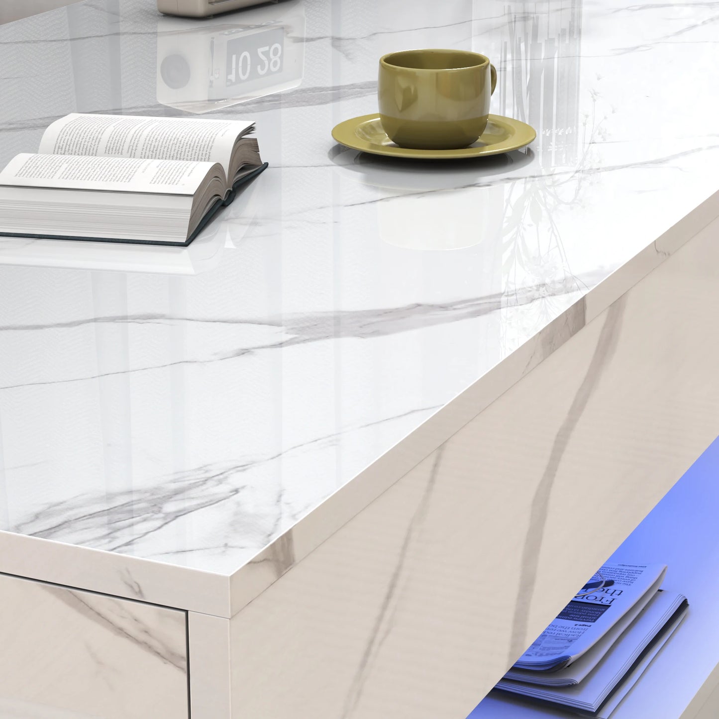 Modern Stylish Coffee Table with LED Lights Double Layer Design for Living Room with Storage Drawers