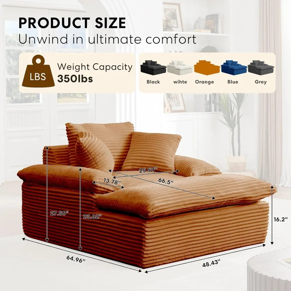 Oversized Orange Corduroy 50 Inch Chaise Lounge Chair With 3 Pillows