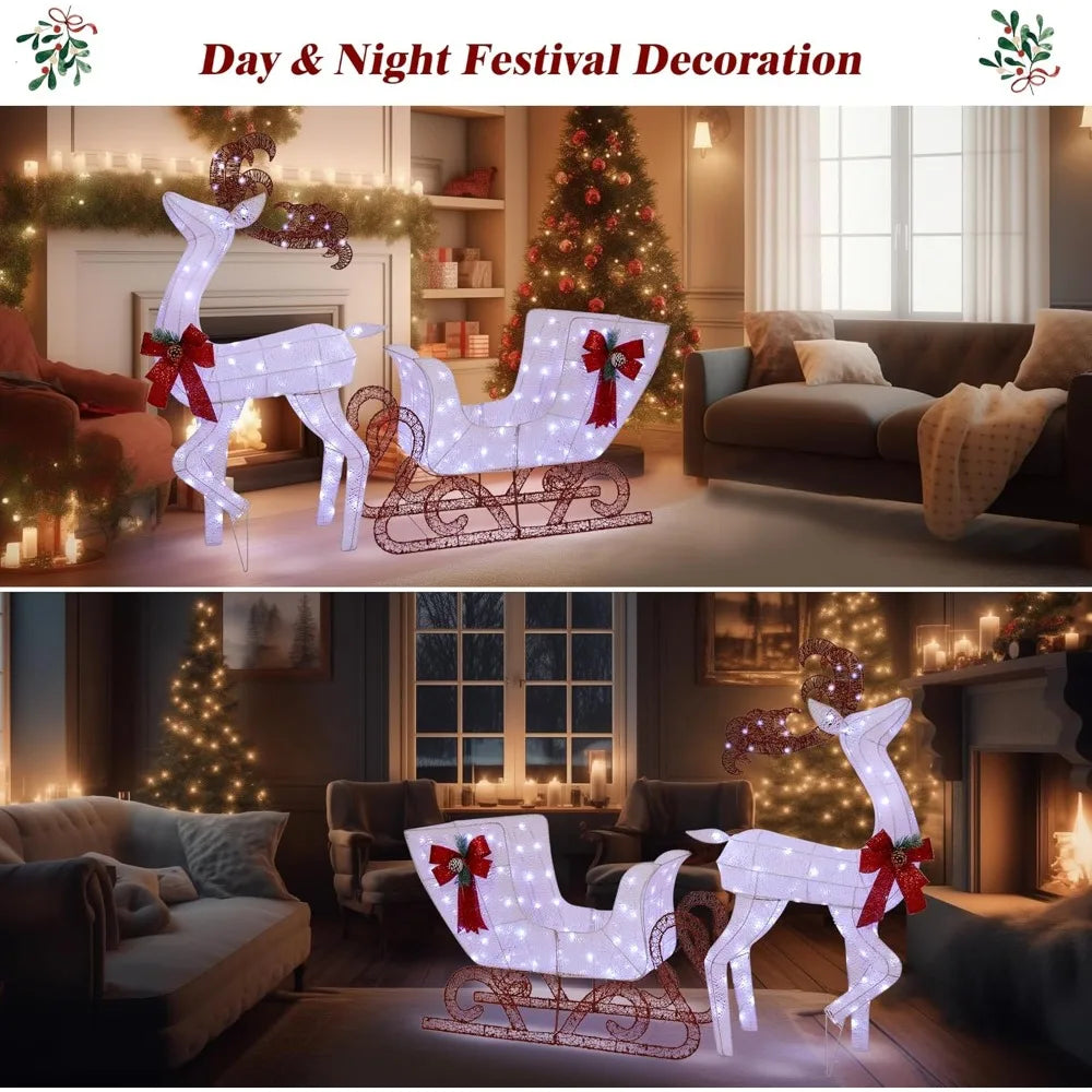 Yard Decoration Reindeer And Sleigh With 200 LED Lights Outdoor Holiday Decor
